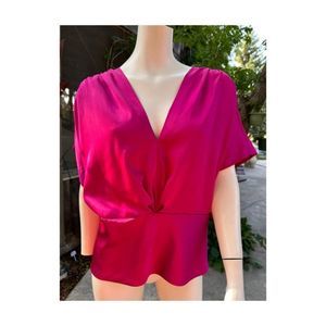 Cynthia Steffe Fuschia Satin Blouse V-Neck Kimono Short Sleeve Waist Pleat Side